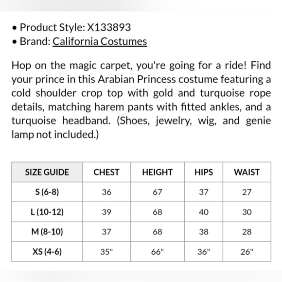 NEW California Costumes Classic Arabian Princess Jasmine Costume Set Yandy Large - Picture 5 of 5